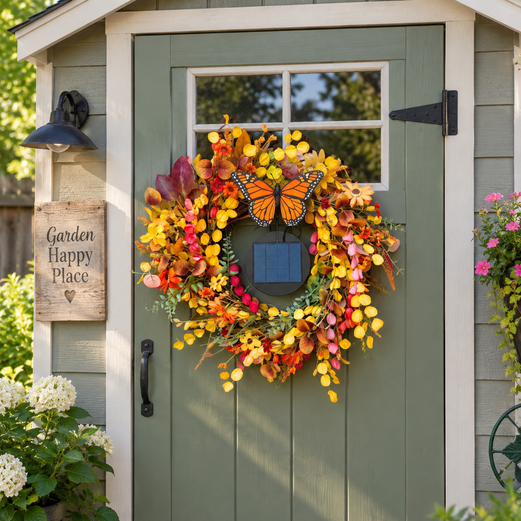 Solar Butterfly Fall Wreath – Outdoor Flapping Butterfly Floral Wreath